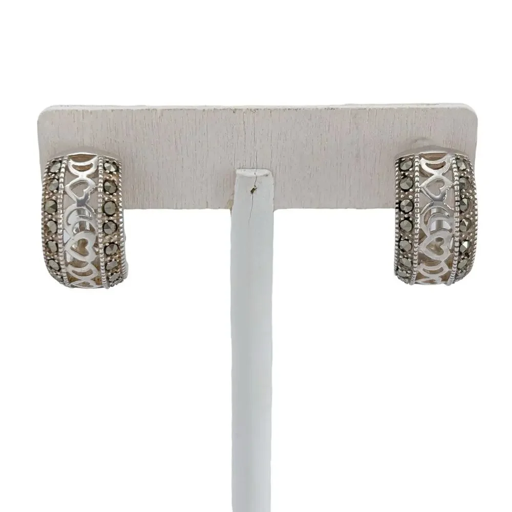 Vintage Sterling Silver 925 Marcasite Hoop Earrings